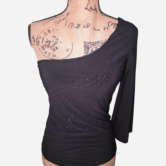 Poetry Tops - Vintage Y2K Poetry Clothing Black One-Shoulder Top Beaded Sequin M